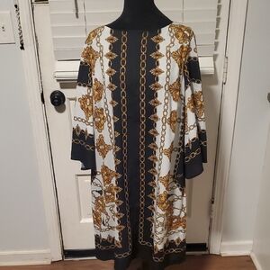Chico's Black and Gold Chain Print Long Sleeve Dress